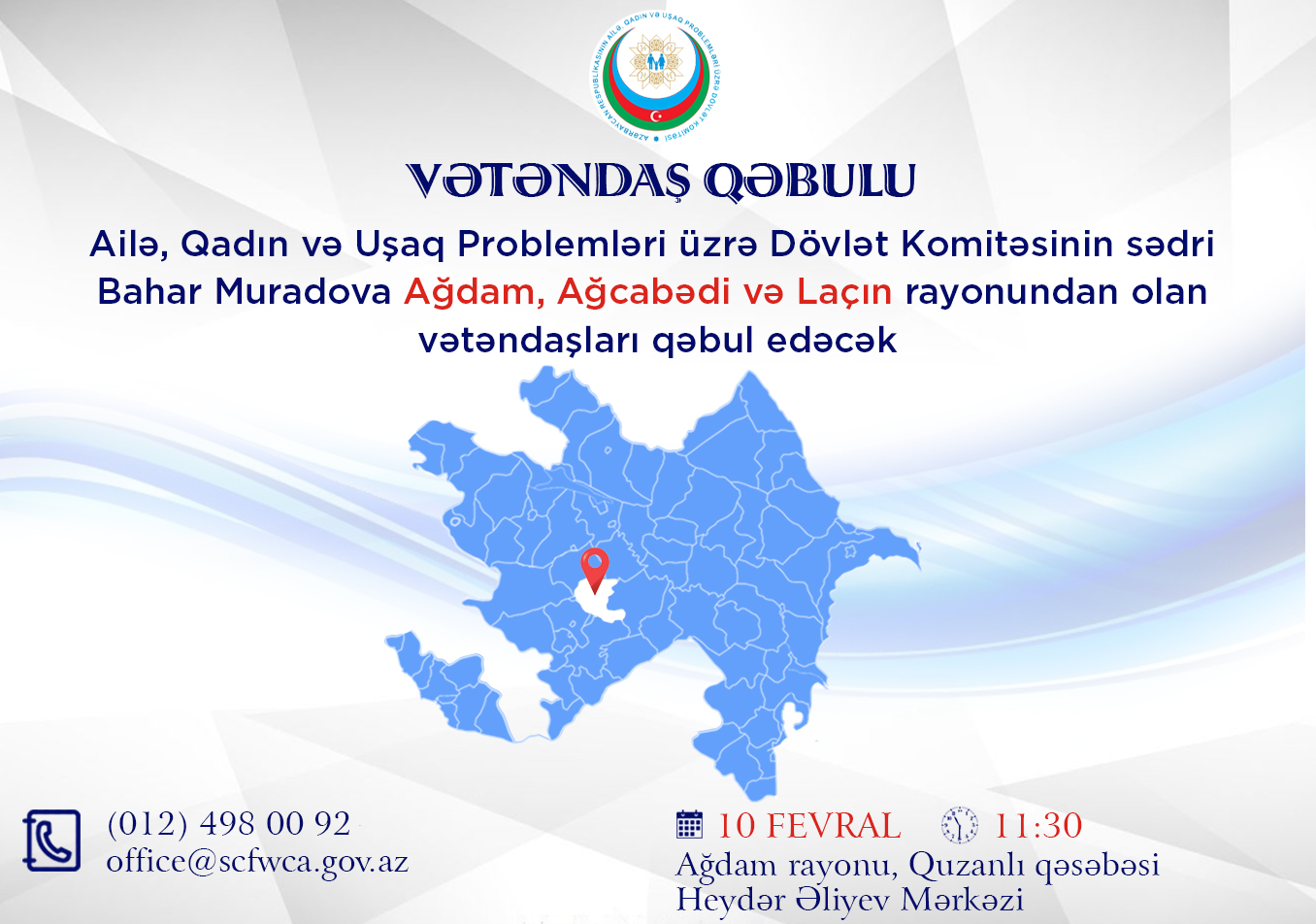 Mrs.Bahar Muradova will receive citizens in Guzanli settlement of Aghdam region