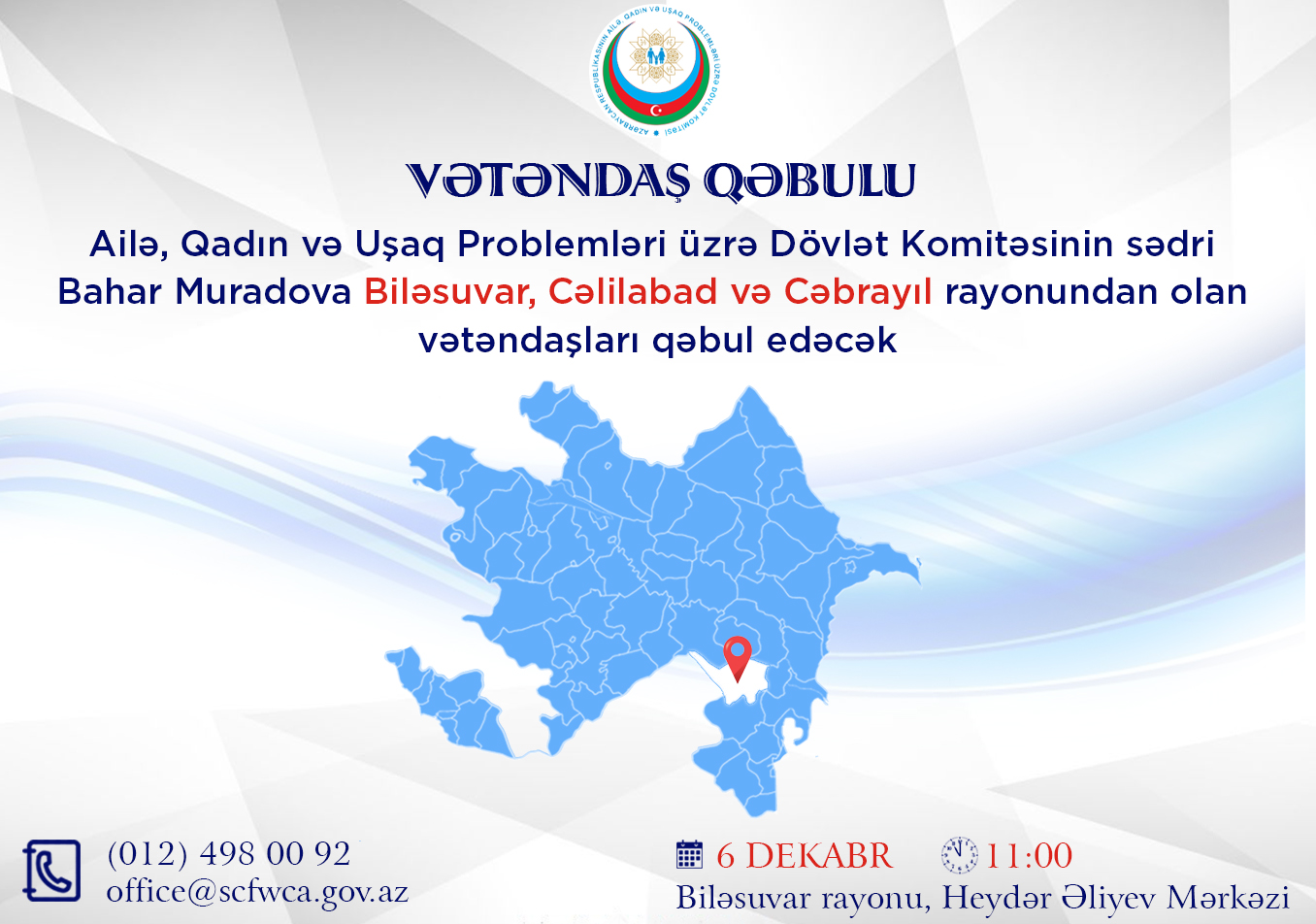 Mrs. Bahar Muradova, the Chair of the State Committee  will receive citizens in the Bilasuvar region